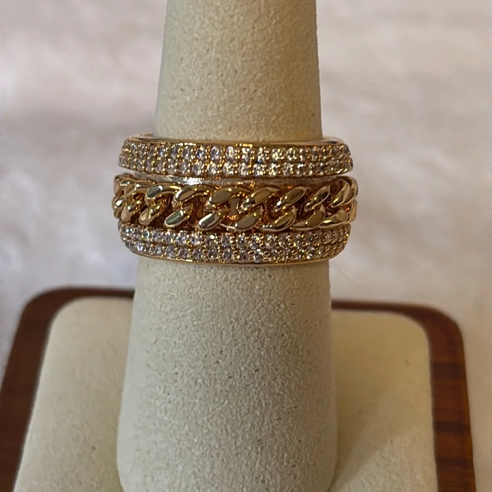NEW AAA CZ Cuban Link Spinner Band Ring 18k Gold Filled - Picture 1 of 10